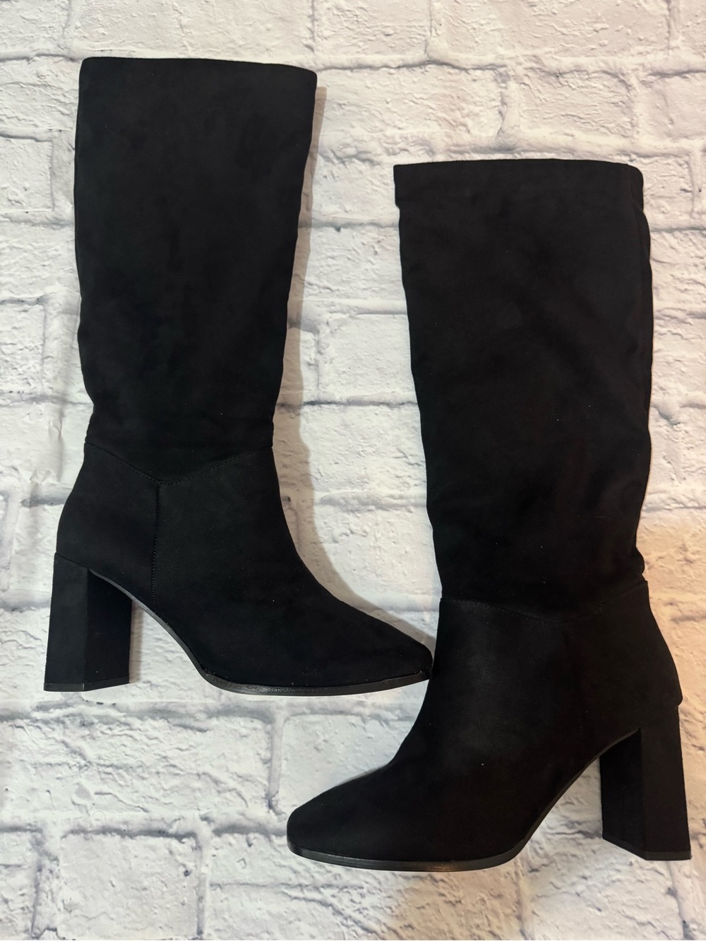 Express Black Suede-Look Mid-Calf Block Heel Boots